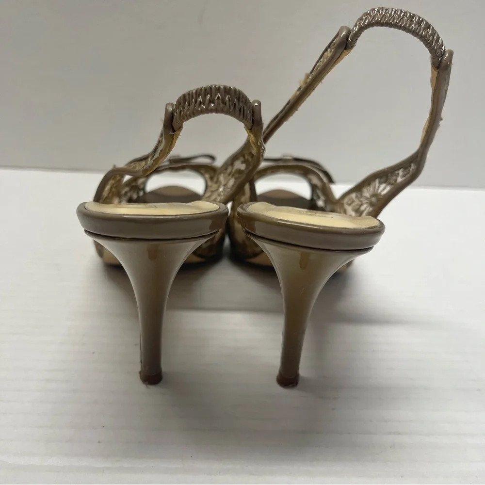 Kate Spade Daisy Mesh Patent Bow Heeled Shoes Open Toe Taupe Sz 7.5